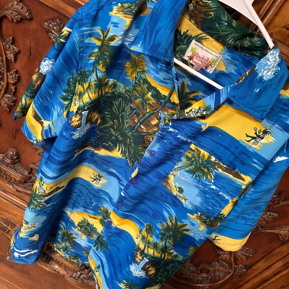 Mens Waikiki Creations Hawaiian Short Sleeve Shirt Polyester XXL Blue Tropical.